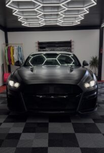 2016 Ford Mustang wrapped in 3M satin black vinyl